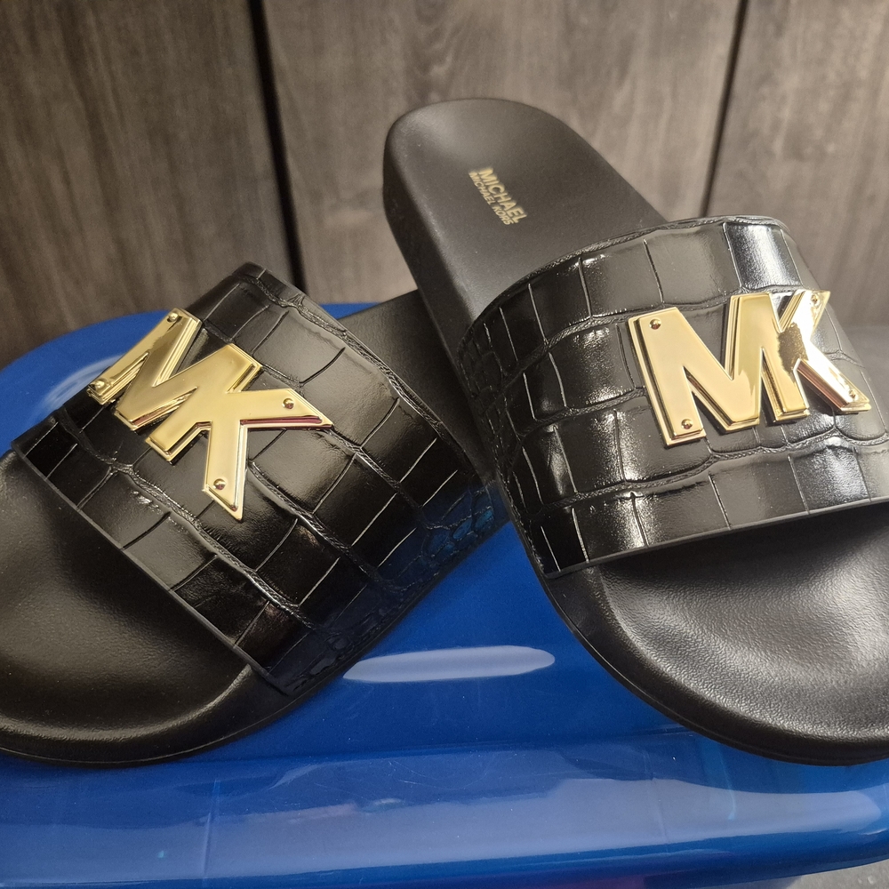 Michael Kors Black Slides with Gold Logo